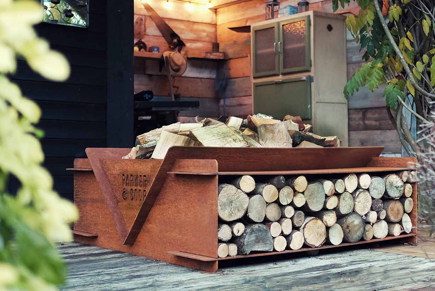 Woodstock Corten Steel Fire Pit Log Store and Grill