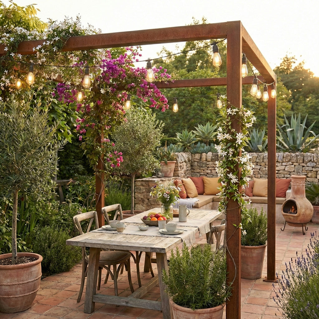 Outdoor patio with Corten Steel pergola, table, chairs, and decorative elements.
