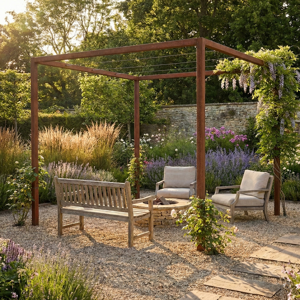 CORTEN STEEL PERGOLA IN A GARDEN