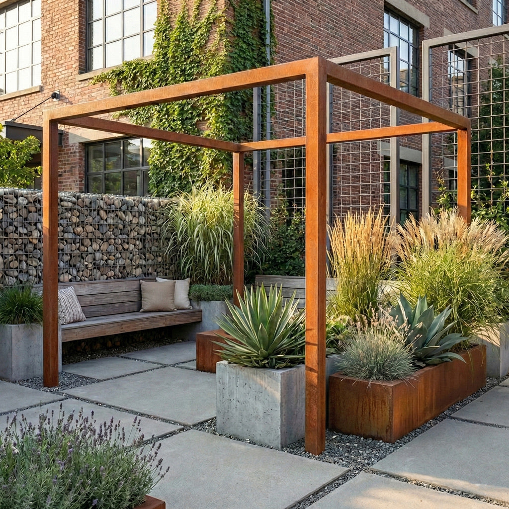 Corten steel garden pergola in urban garden setting