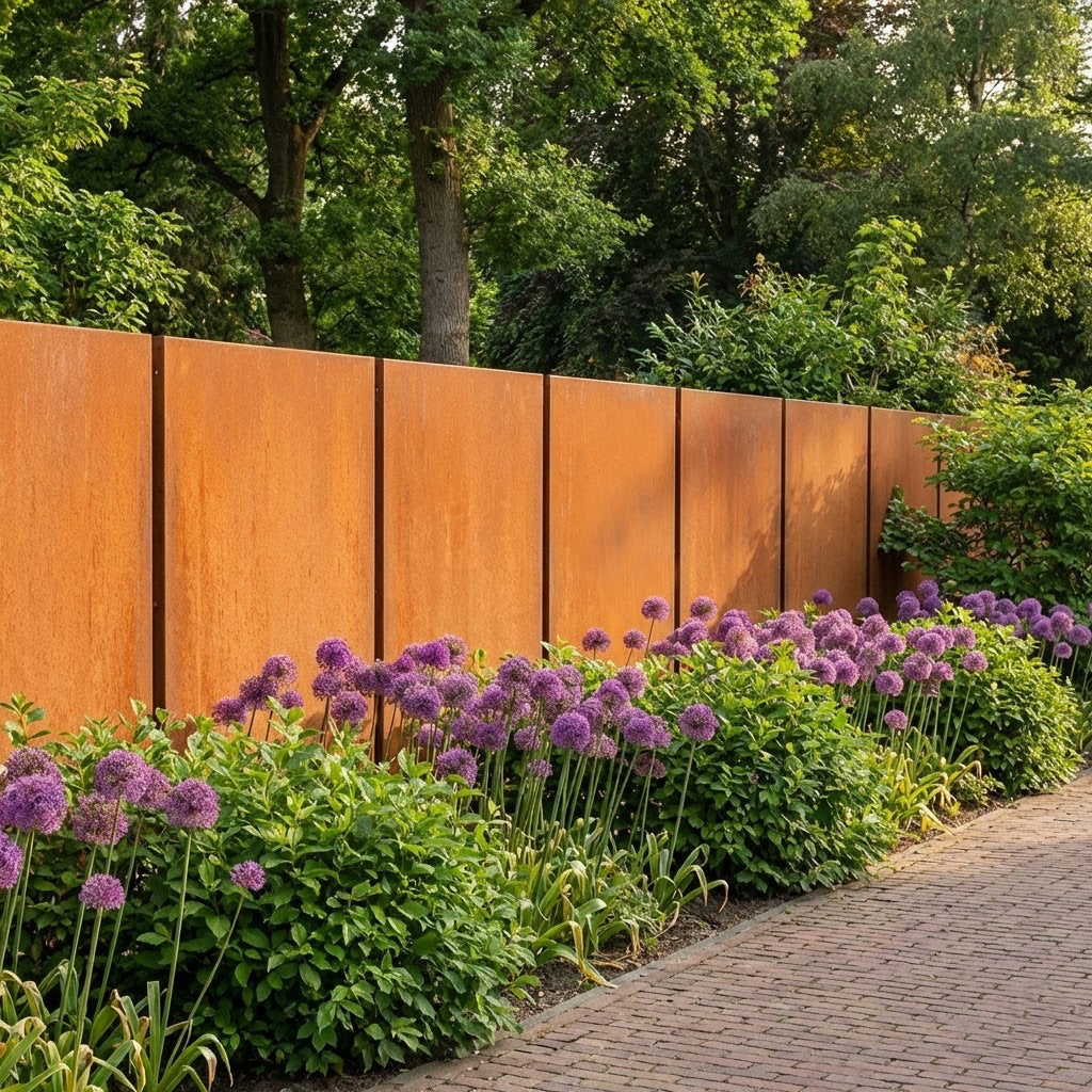 Corten steel rust-colored garden privacy screens and various plants