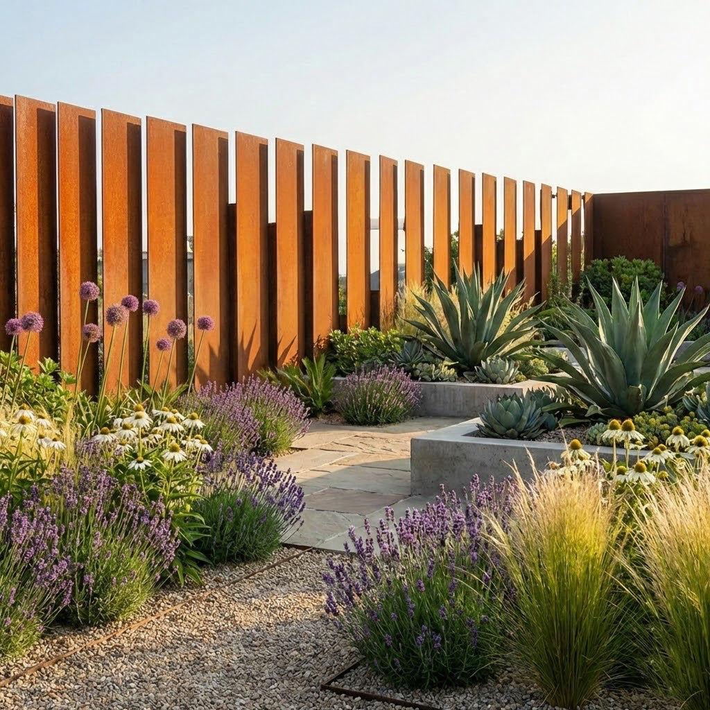 Garden with corten steel panel screens, plants, and a pathway