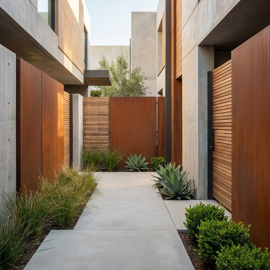 Modern architectural setting with concrete pathways and corten screen panels.