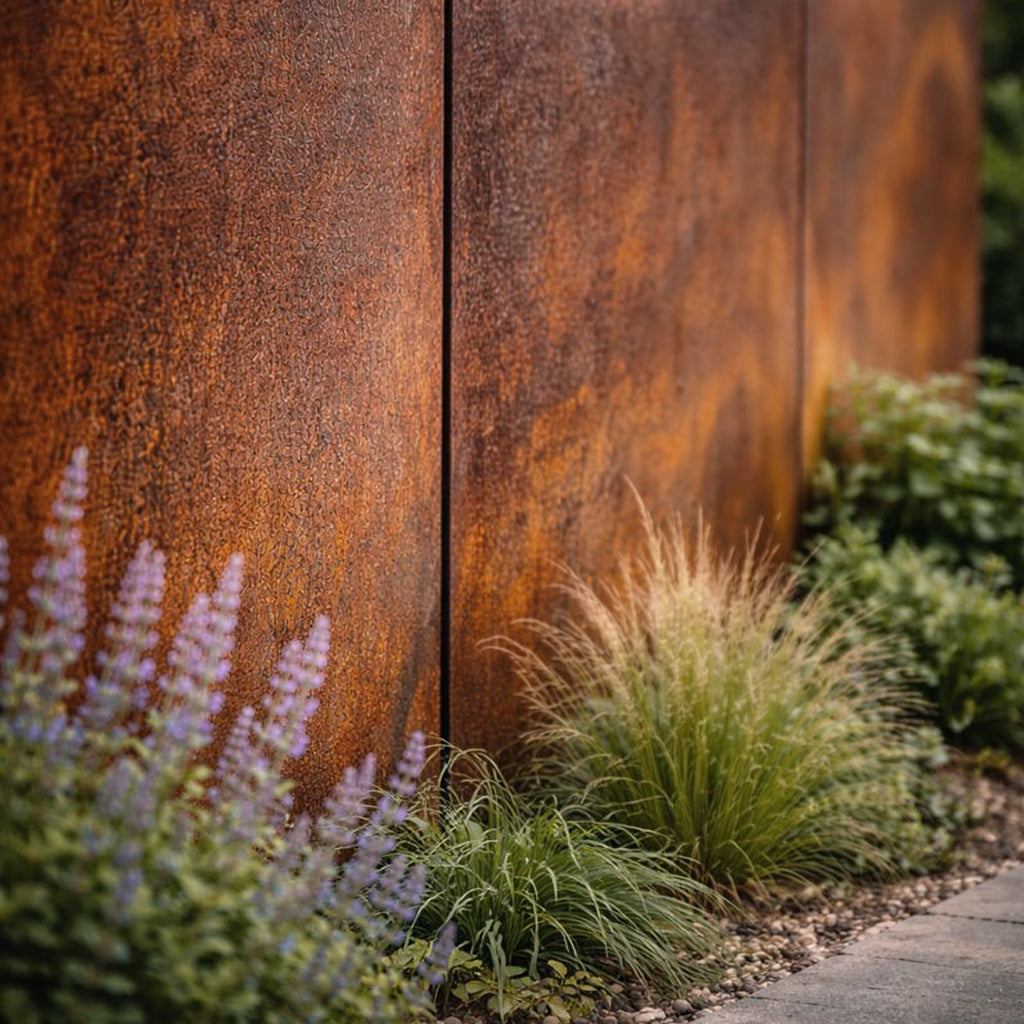 Corten steel rust-colored garden privacy screens and various plants in front