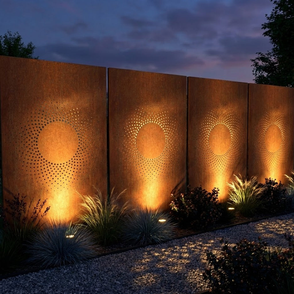 corten steel garden privacy screens with abstract pattern illuminated at night