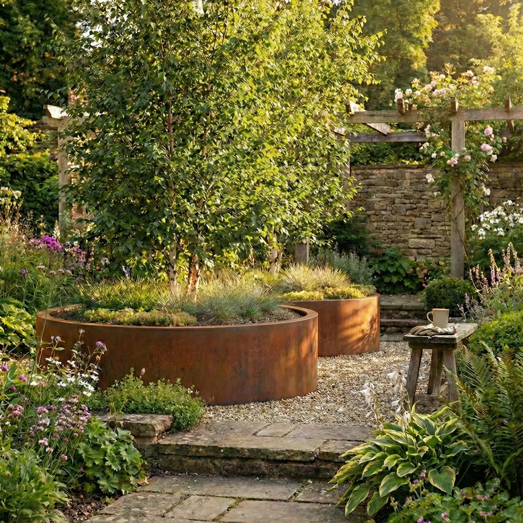 Corten steel circular round Rust-colored metal planters in a garden setting with trees and flowers.