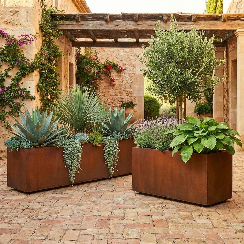 Decorative outdoor setting with rusted corten steel planters filled with various plants on a brick patio.