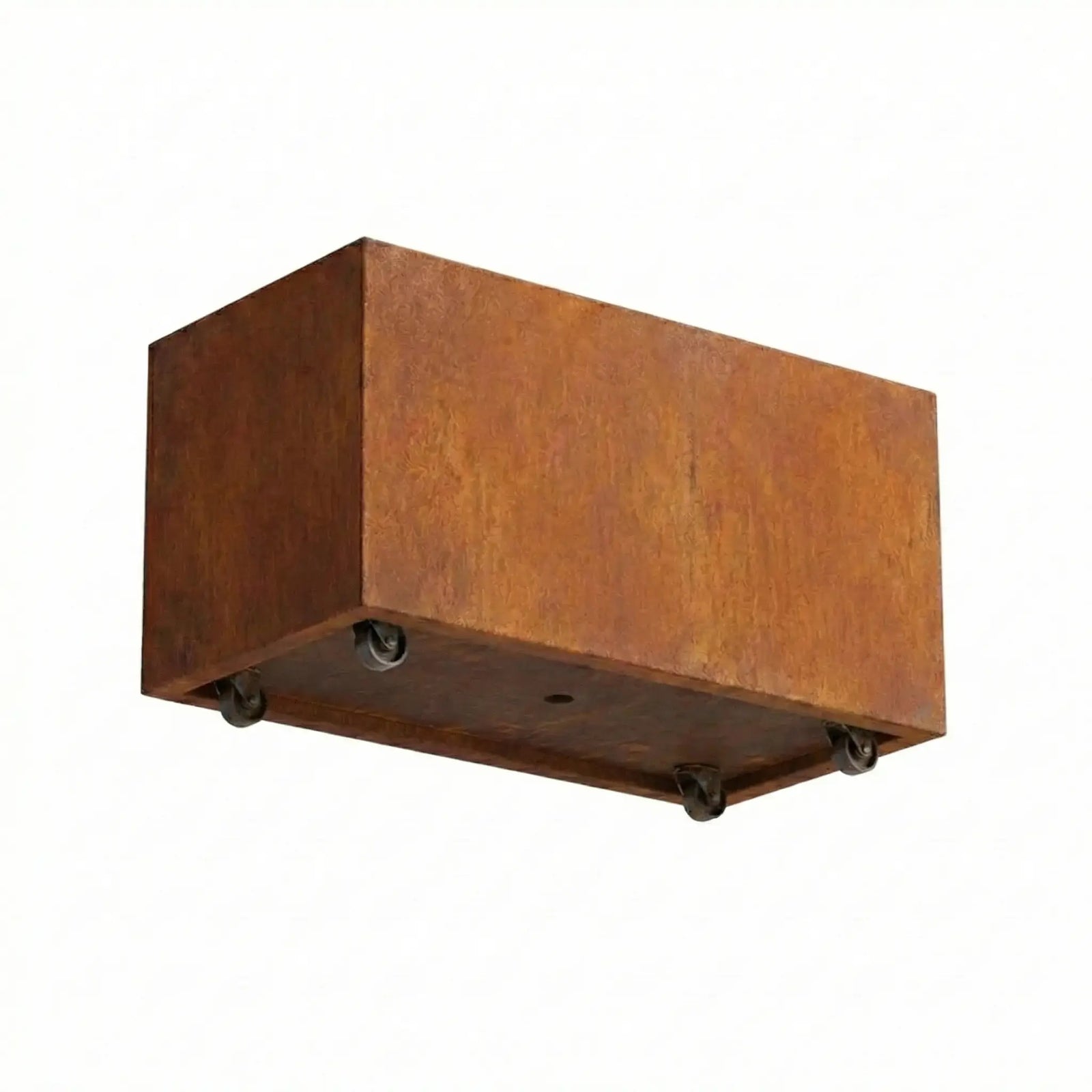 Decorative outdoor setting with rusted corten steel planters filled with various plants on a brick patio.