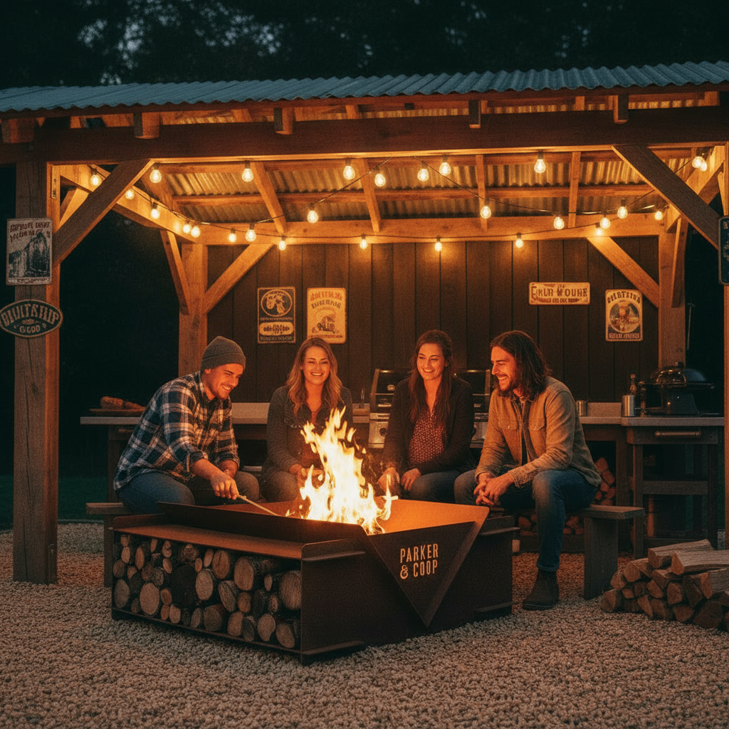 Four people sitting around a corten steel marker and coop fire pit at night under string lights in a wooden pavilion.