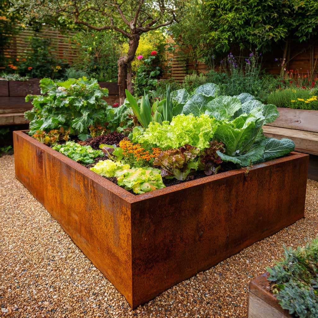 Corten steel metal planter with green leafy vegetables in a garden setting