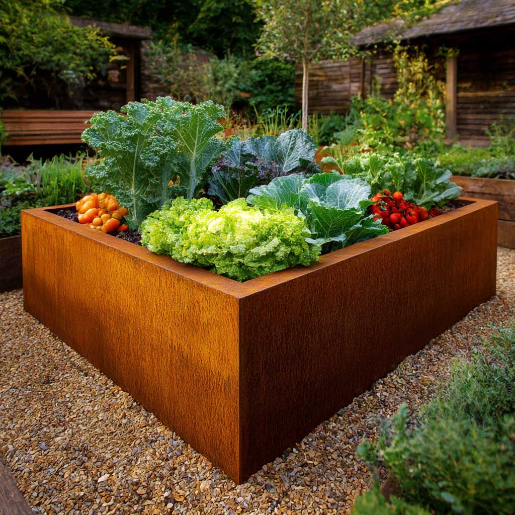 Raised vegetable garden in a corten steel rusted planter filled with various vegetables in a garden setting.