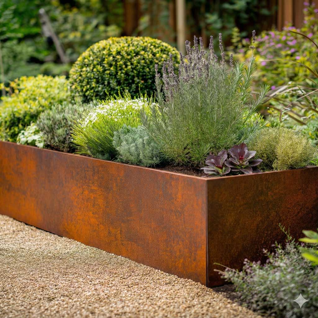 Corten steel metal planter with no base assorted greenery in a garden setting