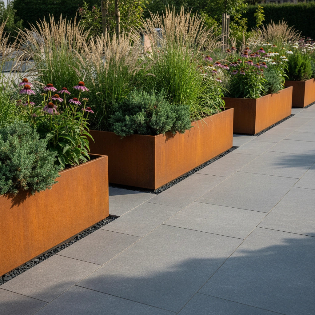 Row of rust-colored corten steel planters with plants on a paved pathway
