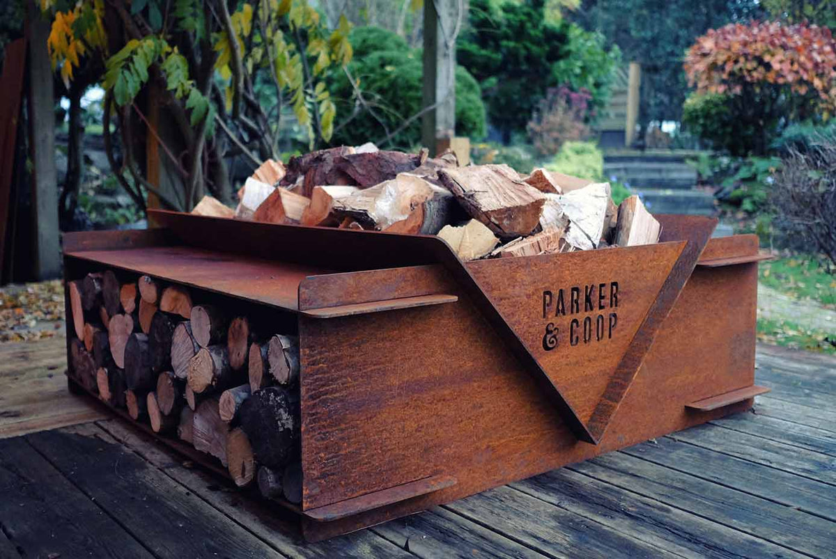 Woodstock Corten Steel Fire Pit Log Store and Grill