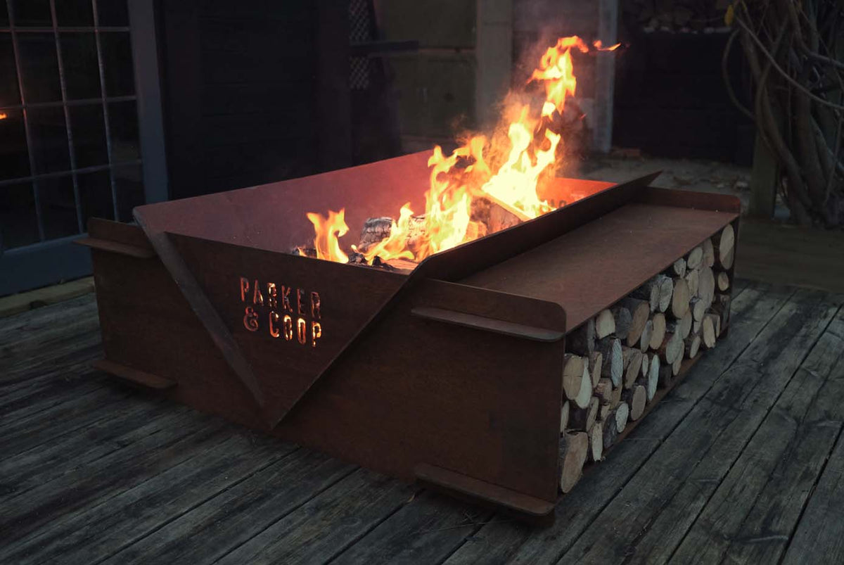 Woodstock Corten Steel Fire Pit Log Store and Grill