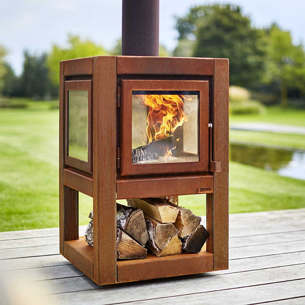 Quaruba-L-mobile-RB73-Parker-and-coop-corten-steel-rusted-log-burner-stove-fire