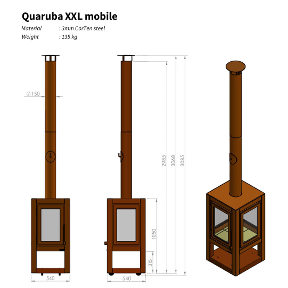 A modern cube-shaped Quaruba XXL mobile outdoor log burner made of Corten steel with visible rust sizes and dimensions 
