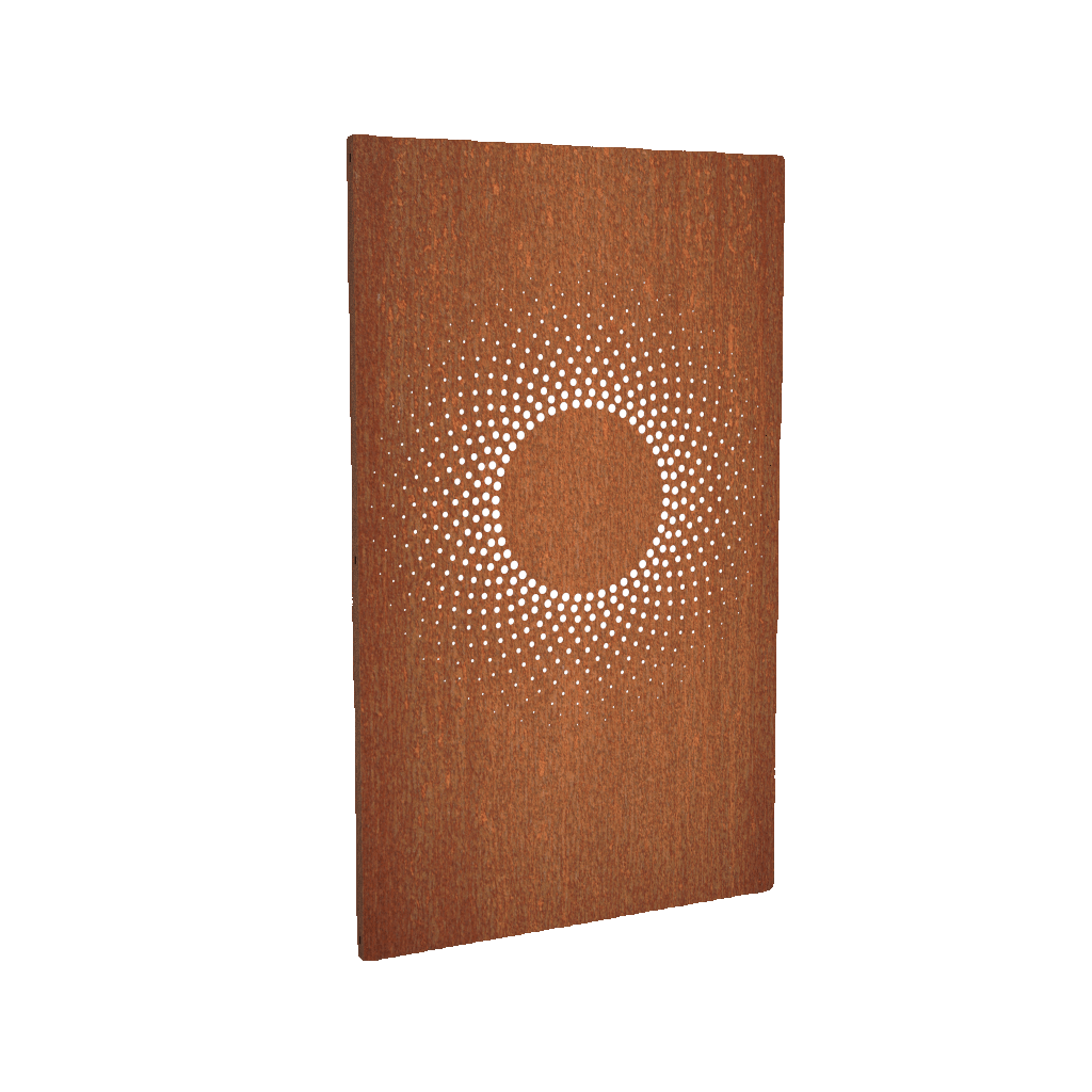 corten steel garden privacy screens with abstract pattern illuminated at night
