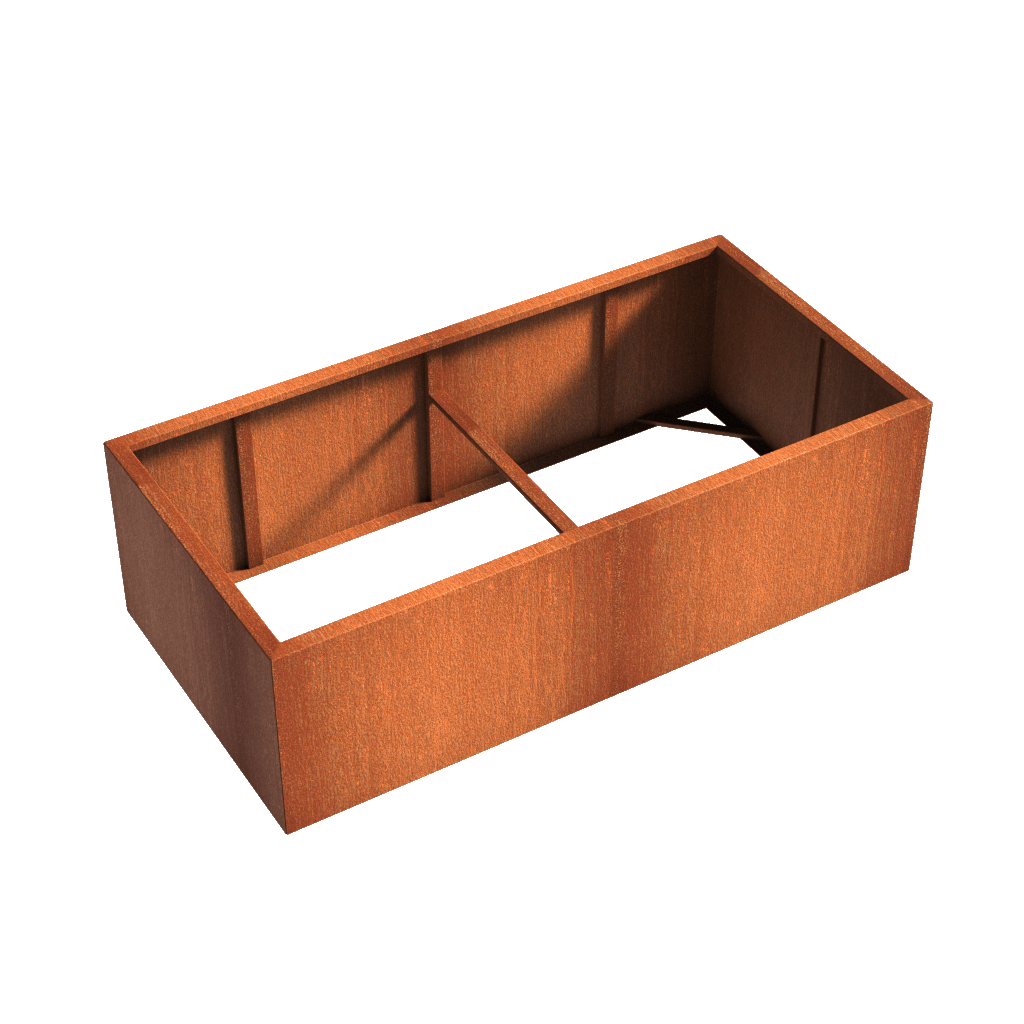 Raised vegetable garden in a corten steel rusted planter filled with various vegetables in a garden setting.