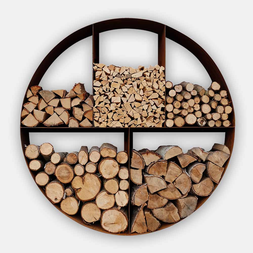 CORTEN CIRCULAR LOG STORE WOOD RUSTED PARKER AND COOP CUTOUT