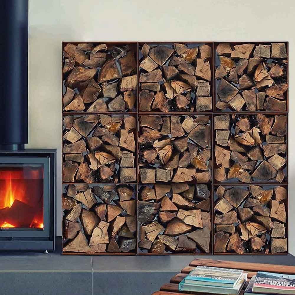 CORTEN RUSTED STEEL SQUARE LOG WOOD STORE PARKER AND COOP